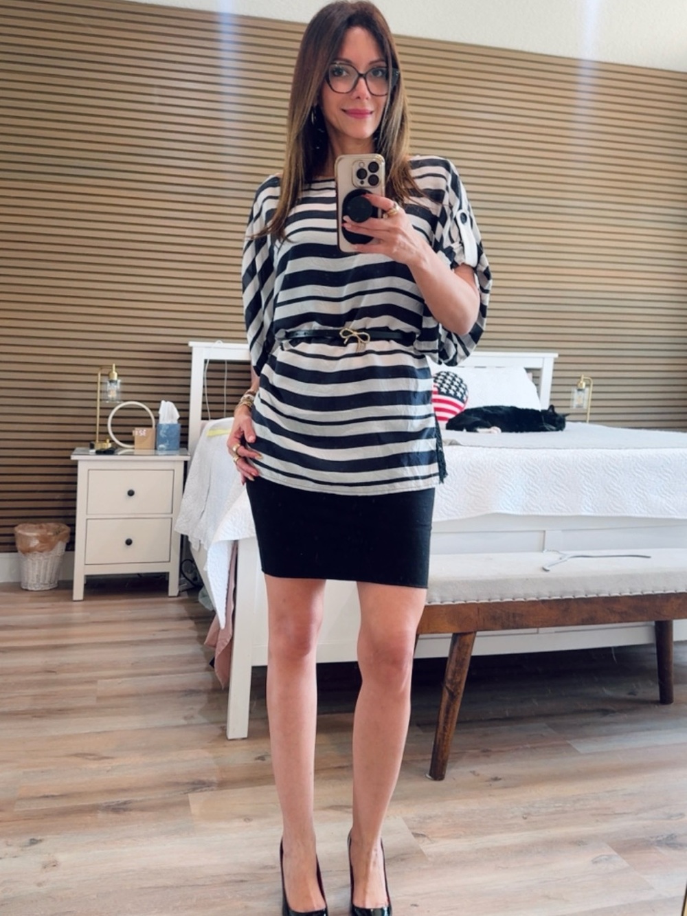 Zara Navy Blue and White Striped Dolman Sleeve Top